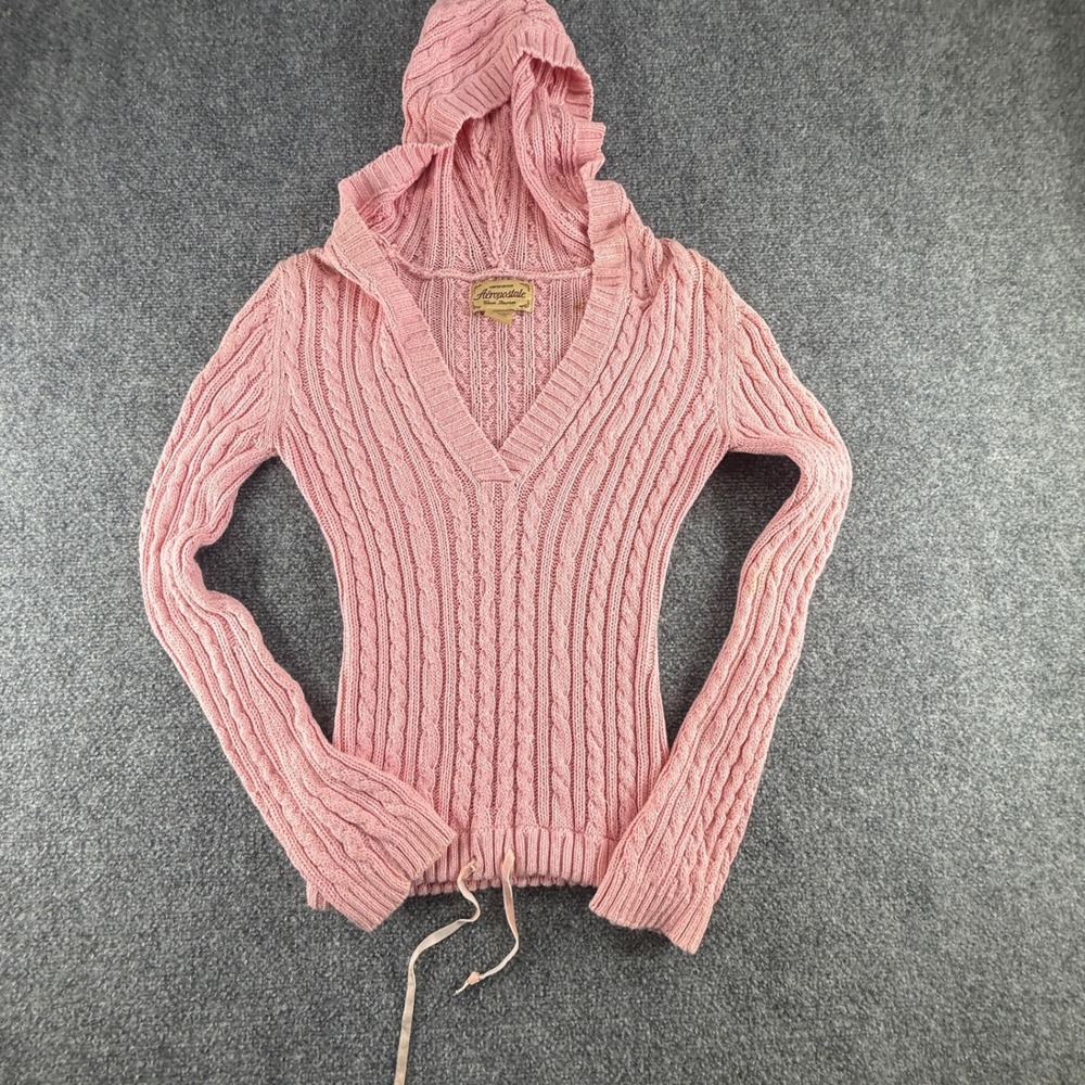 Aeropostale Pink Cable Knit Hooded Babydoll Sweater V-Neck Y2K Small 0428